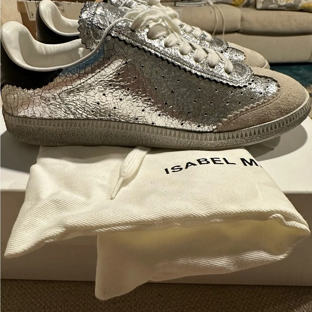 Isabel Marant Silver Metallic & White Leather Sneakers - Picture 3 of 5